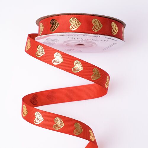 Grossgrain ribbon with golden hearts 16mm x 20m - Red