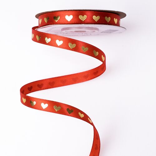 Satin ribbon with golden hearts 10mm x 20m - Red