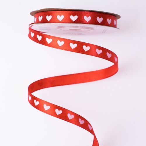 Satin ribbon with white hearts 10mm x 20m - Red