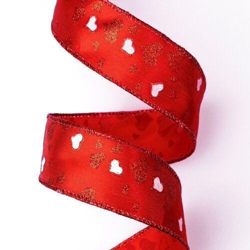 Heart pattern satin ribbon with wired edge 38mm x 10m - Red