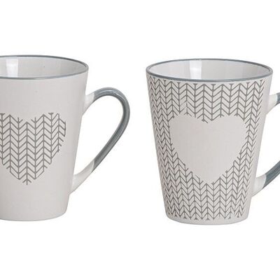 Mug coeur décor en faïence blanche, grise 2 plis, (L / H / P) 12x10x8cm 250ml