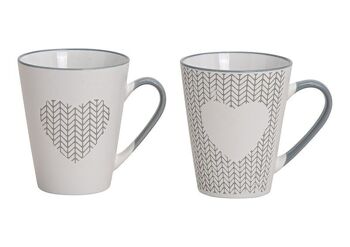 Mug coeur décor en faïence blanche, grise 2 plis, (L / H / P) 12x10x8cm 250ml