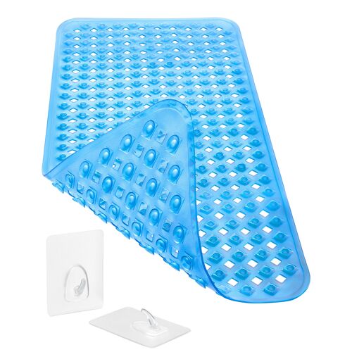 Bathtub mat non-slip 88x39cm, INCL. Storage solution, BPA free, machine washable, mildew resistant, clear blue