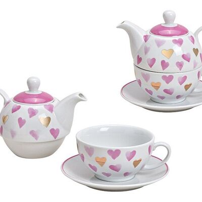 Set di 3 teiere decoro cuore in porcellana bianca, rosa, oro set di 3, (L / A / P) 16x15x15 cm 400 ml / 200 ml