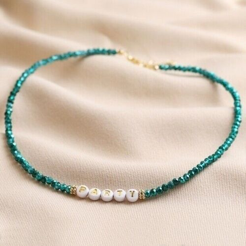 Teal Beaded Party Necklace in Gold