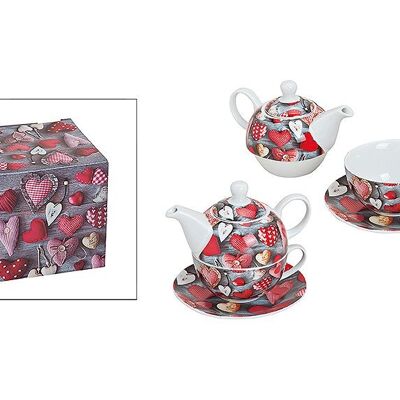 Ensemble théière décoration coeur, en porcelaine, 3 pièces