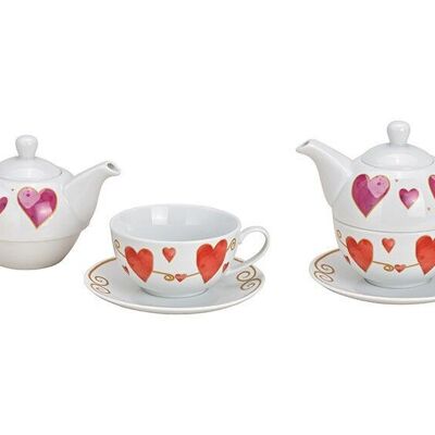 Set théière décor coeur en porcelaine colorée lot de 3, (L / H / P) 17x15x15cm 200 / 450ml