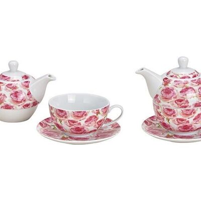 Teapot set rose decor made of porcelain pink / pink set of 3, (W / H / D) 17x15x15cm 200 / 450ml