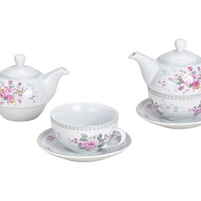 Teapot set rose decor made of porcelain pink / pink set of 3, (W / H / D) 16x14x15cm, 200/400 ml