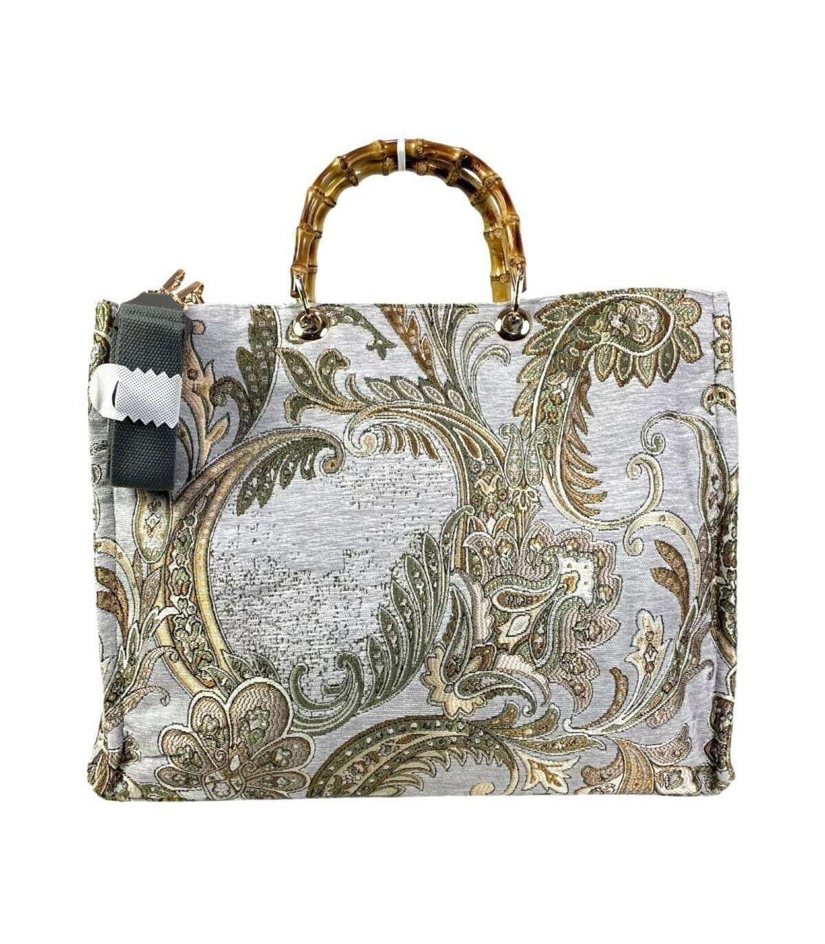 Borsa Grande da Donna in Tessuto Jacquard con Manici in Bambù