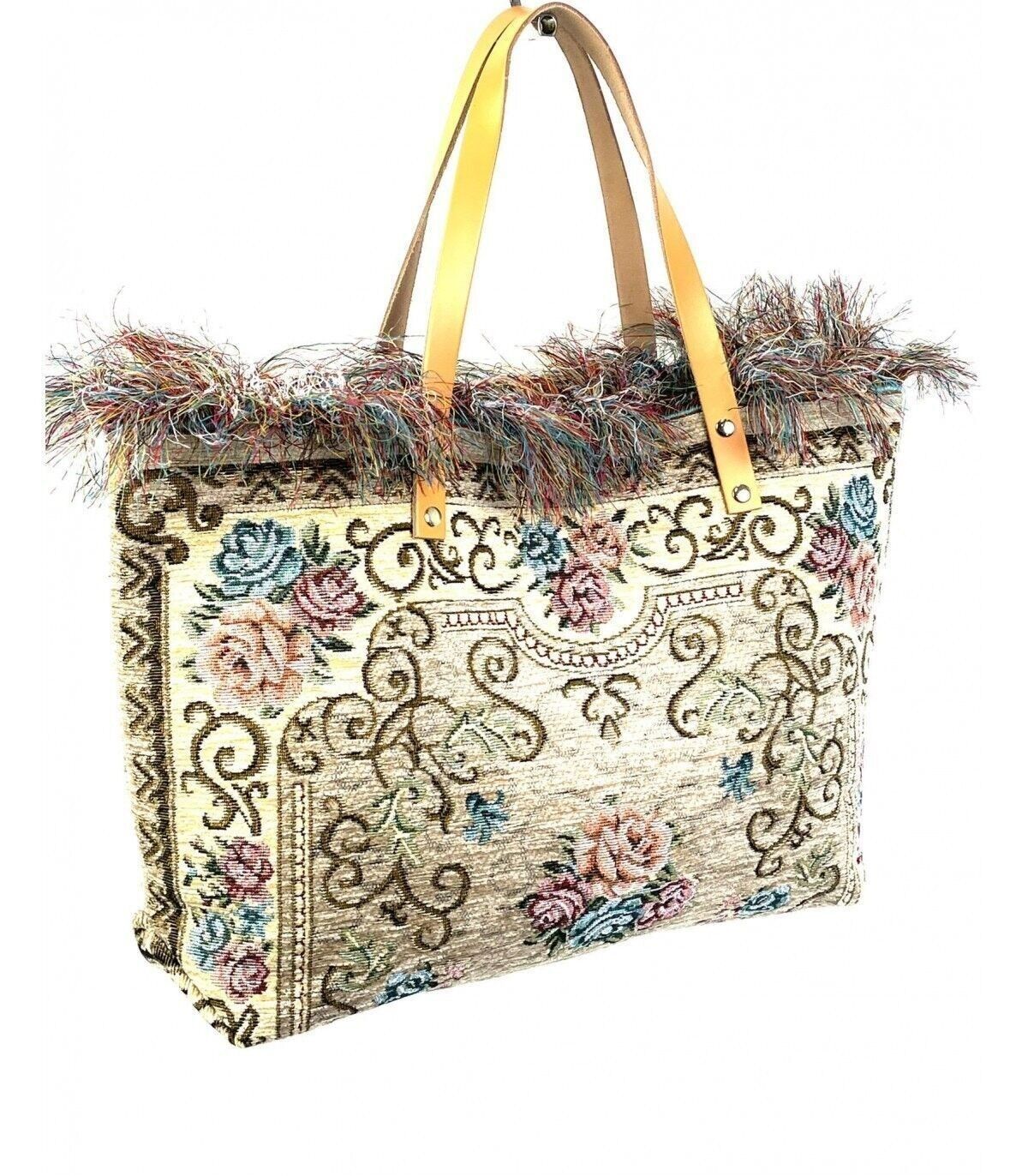 Borsa shopper grande in moquette di cotone con manici in pelle
