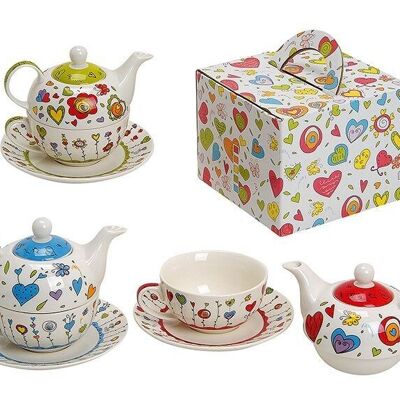 Assorted teapot set with cup + plate made of porcelain, W17 x D13 cm