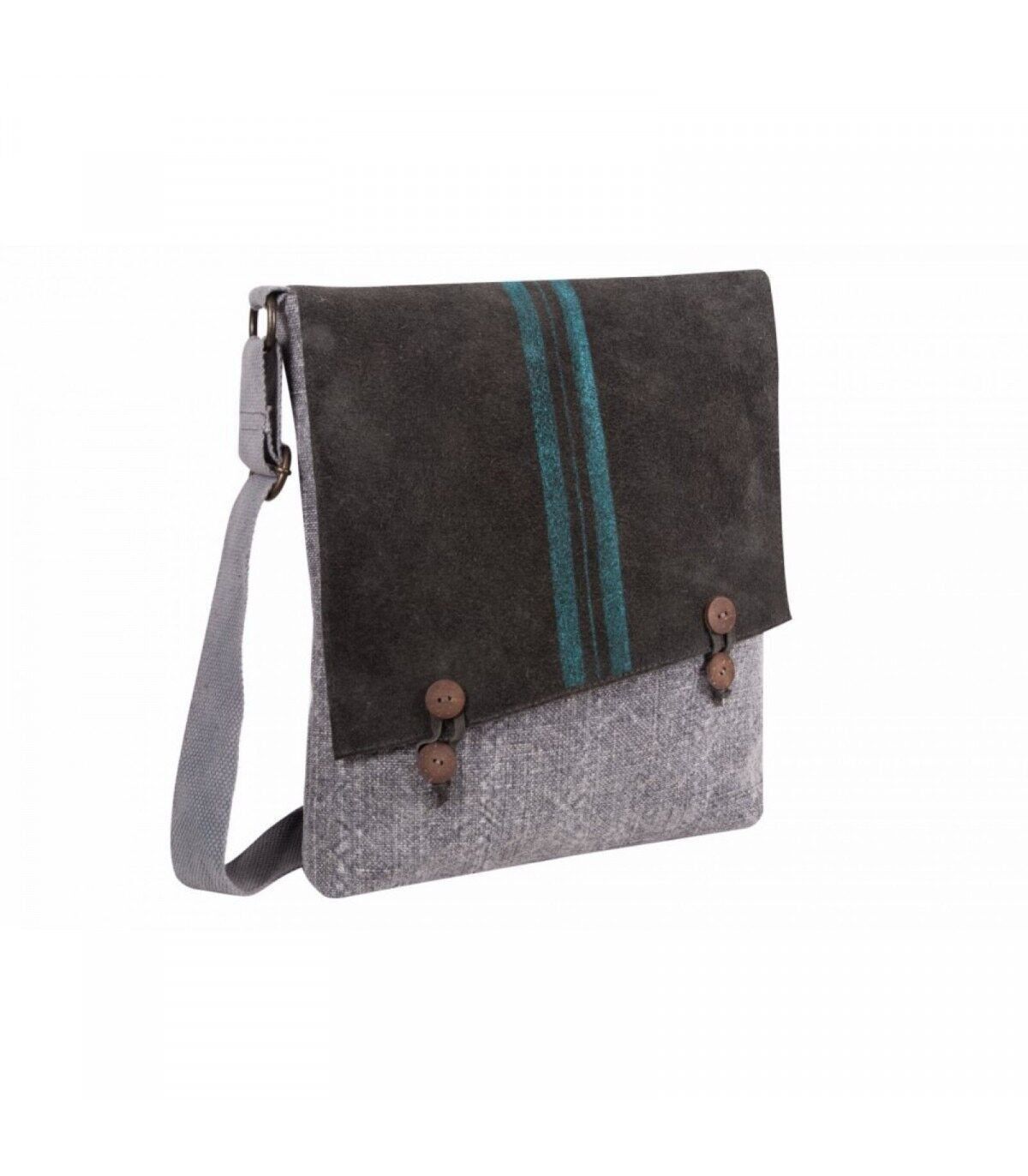 Umhängetasche aus Leinen mit Wildlederklappe und Knopfverschluss