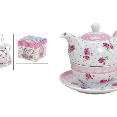 Teapot set with cup + plate rose made of porcelain