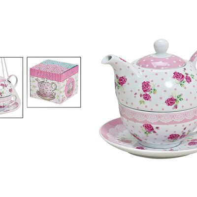 Juego de tetera con taza + plato rosa de porcelana