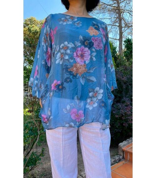 Blusa de Seda con Mangas de Kimono y Estampado de Flores