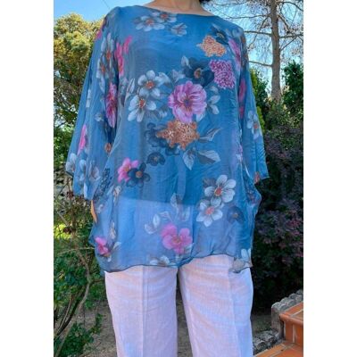 Silk Blouse with Kimono Sleeves and Flower Print