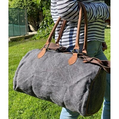 Linen Travel Bag with Genuine Leather Handles