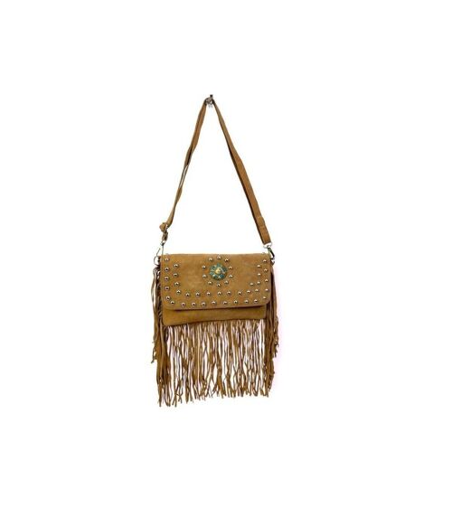 Bolso bandolera Artesanal Piel con Tachuelas, Chapa y Flecos