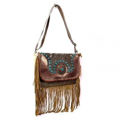 Bolso Bandolera Artesanal Piel India con Flecos Decorativos