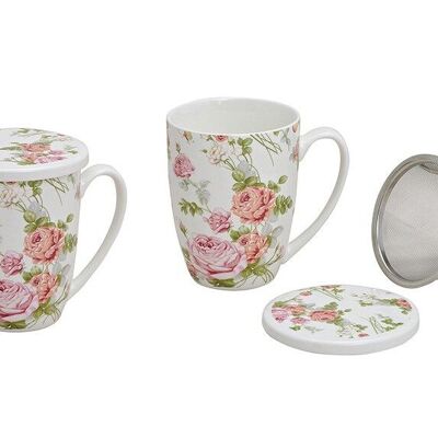 Tazza da tè con coperchio e colino, decoro rosa in porcellana, 11 cm