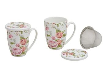 Tasse à thé avec couvercle et passoire, décor rose en porcelaine, 11 cm