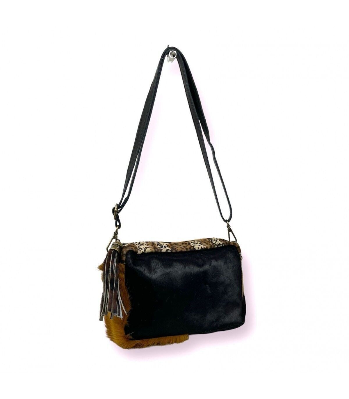 Borsa a Spalla in Pelle Pachtwork con Pelliccia e Frange