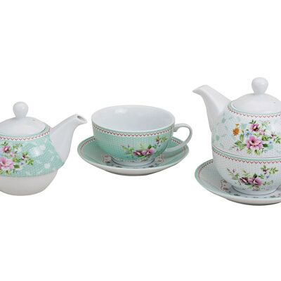 3-piece teapot set with flowers, turquoise / white, made of porcelain, 2 assorted