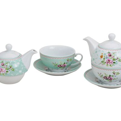 Juego de tetera de 3 piezas con flores, turquesa / blanco, de porcelana, 2 surtidos