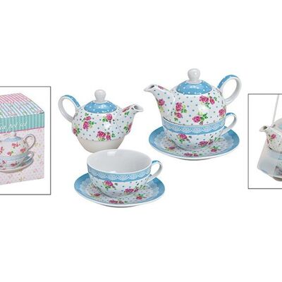 Ensemble théière décor rose en porcelaine bleu lot de 3