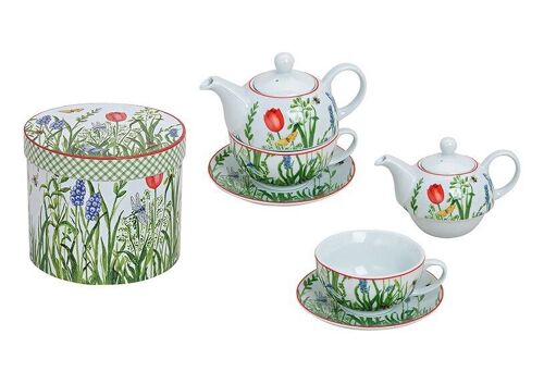 Teekannen-Set mit Tasse+Teller (Blumen) aus Porzellan H/B/T 15/16/15 cm