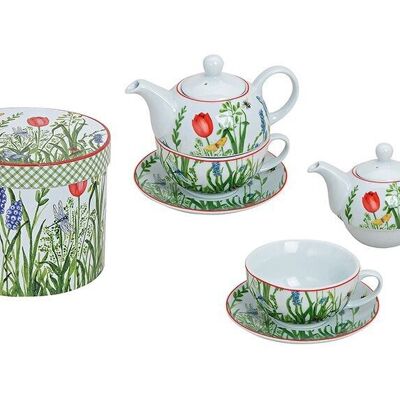 Teekannen-Set mit Tasse+Teller (Blumen) aus Porzellan H/B/T 15/16/15 cm