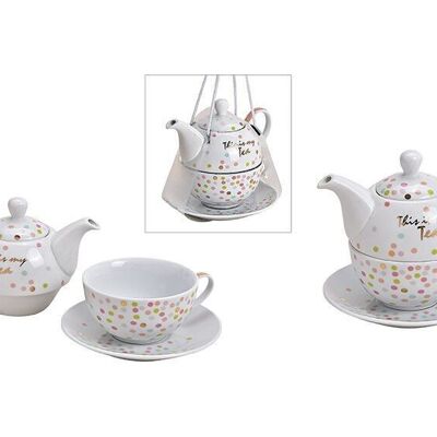 Set de théière This is my tea, décor à pois, en porcelaine blanche lot de 3, (L / H / P) 15x16x15cm 400ml, 250ml