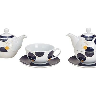 Teapot set planets decor made of porcelain blue, white set of 3, (W / H / D) 17x15x15cm 200 / 450ml