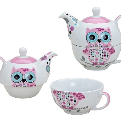Teapot set with owls + decoration made of porcelain, 2 pieces