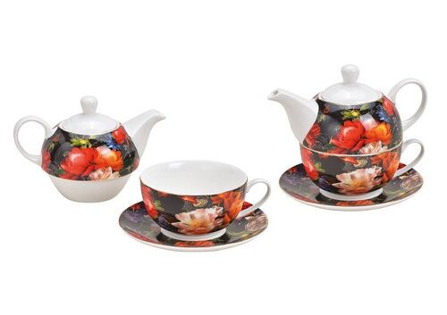 Teekannen-Set Blumendekor aus Porzellan Bunt, gold 3er Set, (B/H/T) 17x15x15cm 400/200ml