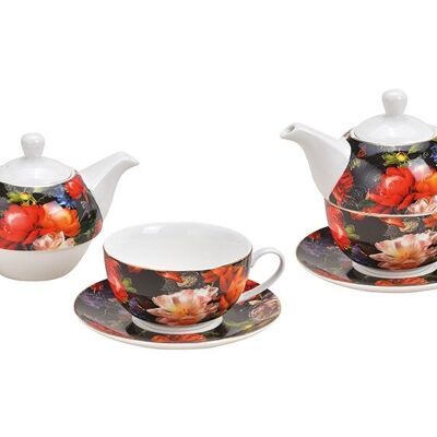 Teekannen-Set Blumendekor aus Porzellan Bunt, gold 3er Set, (B/H/T) 17x15x15cm 400/200ml