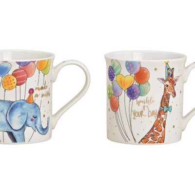Tazza Compleanno Giraffa, Elefante in porcellana colorata 2 volte, (L/A/P) 12x9x8cm 300ml