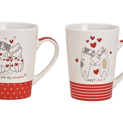 Mug chat avec décor coeur en porcelaine blanche 2 plis, (L / H / P) 13x13x9cm 500ML