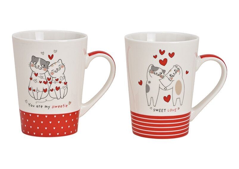 Mug cat with heart decor made of porcelain white 2-fold, (W / H / D) 13x13x9cm 500ML