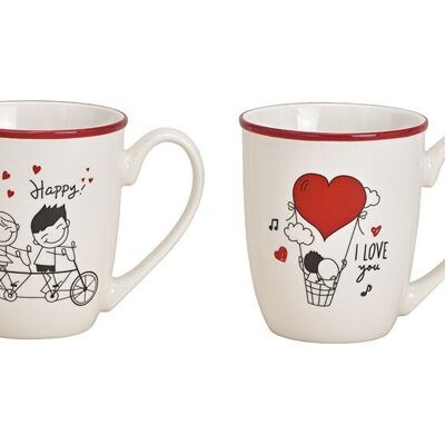 Paire de mugs avec décor coeur en porcelaine blanche 2 plis, (L / H / P) 12x10x9cm 380ml