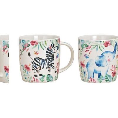 Mug motifs animaux de la jungle zèbre, éléphant en porcelaine colorée 2 plis, (L / H / P) 12x9x9cm 270ml