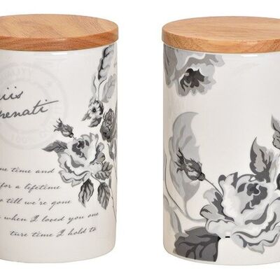 Tarro de almacenamiento con tapa de bambú, decoración floral, nostalgia de porcelana blanca doble, (An / Al / Pr) 9x14x9cm 650ml