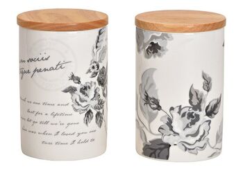 Pot de rangement avec couvercle en bambou, décor floral, nostalgie en porcelaine blanche 2 fois, (L / H / P) 9x14x9cm 650ml