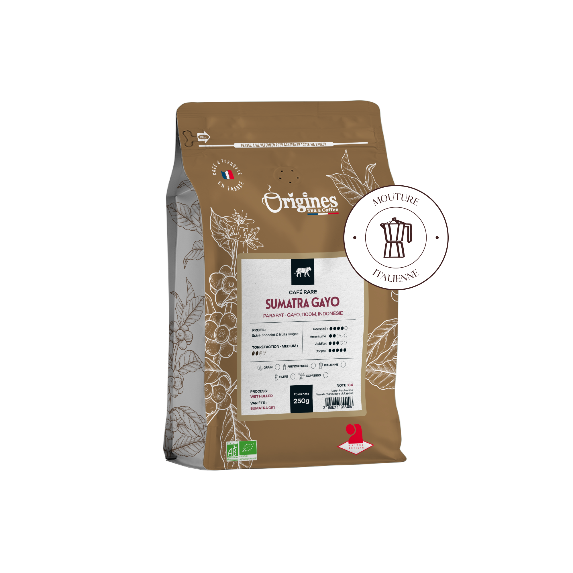 Organic rare coffee - Sumatra Gayo - Italian 250g