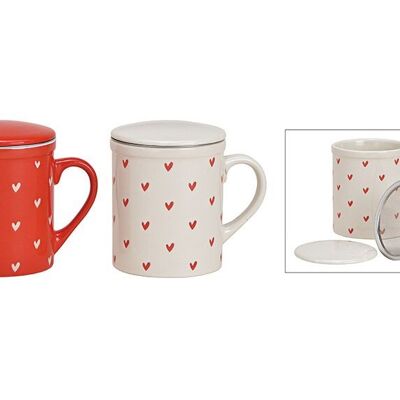 Tasse à thé décor coeur avec tamis en métal en céramique blanche, rouge 2 fois, (L / H / P) 11x10x8cm 340ml