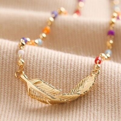 Rainbow Beaded Feather Charm Necklace in Gold