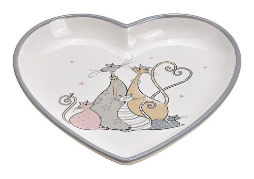 Teller Katzen-Familiendekor Herzform aus Keramik Grau (B/H/T) 20x3x20cm