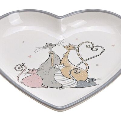 Piatto decoro famiglia gatto a forma di cuore in ceramica grigia (L/A/P) 20x3x20cm