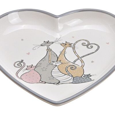 Piatto decorativo cuore famiglia gatto in ceramica grigia (L/A/P) 20x3x20 cm